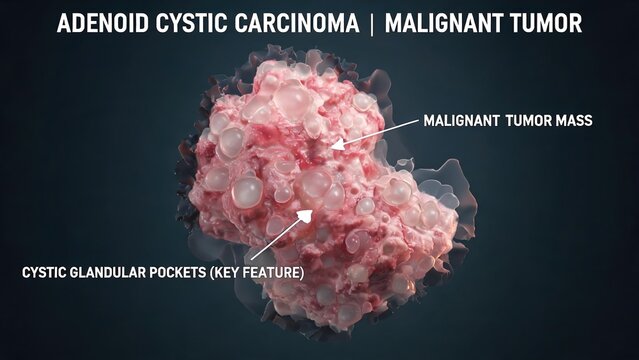 Labeled 3D Biomedical Render of Adenoid Cystic Carcinoma Malignant Tumor, Highlighting Distinct Cystic Glandular Pockets Key Pathological Feature, Isolated Cancer Lesion on Dark Clinical Background On