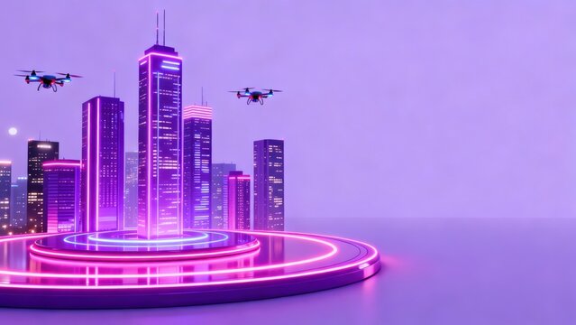 Futuristic cityscape with neon lights and drones