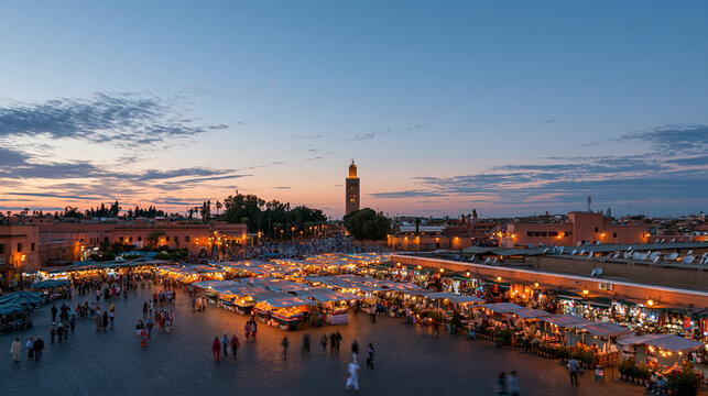 Jamaa el Fna market square in Marrakech Morocco, famous square and market place in the medina, travel concept, with copy space