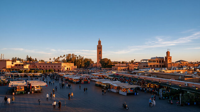 Jamaa el Fna market square in Marrakech Morocco, famous square and market place in the medina, travel concept, with copy space