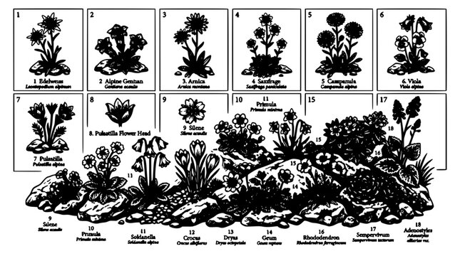 Flowers and Rocks Alpine Botanical Engraving Style Illustration Set on Textured Monochrome Background