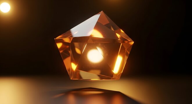 Pentagon crystal glows with internal golden light on a dark surface.