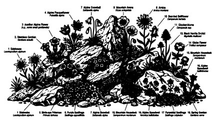 Obraz premium Rock Formation with Alpine Flowers, Black and White Engraved Botanical Illustration for Nature Education Concept Design