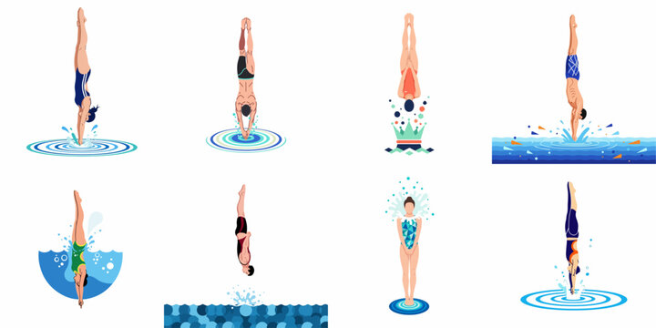 Collection of Diverse Male and Female Swimmers and Divers Performing Jumps and Entering the Water in Various Athletic Poses