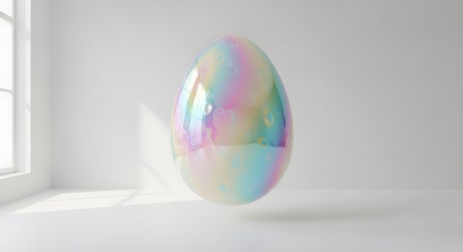 Egg with an iridescent holographic finish floats inside a bright, sunlit minimalist room to represent creative innovation.