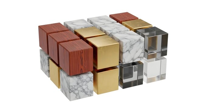 Cubes made of marble, wood, gold, and glass form a structured geometric arrangement that symbolizes modern interior design concepts.