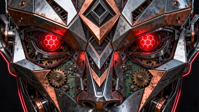 Mechanical robot head with glowing red eyes