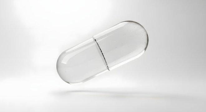 Medical capsule floats in mid-air against a clean white studio background.