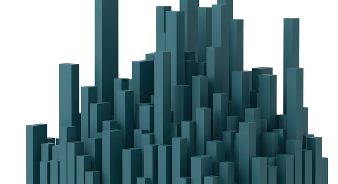 Bar chart composed of tall vertical pillars rises against a clean white background to represent data growth and market trends.