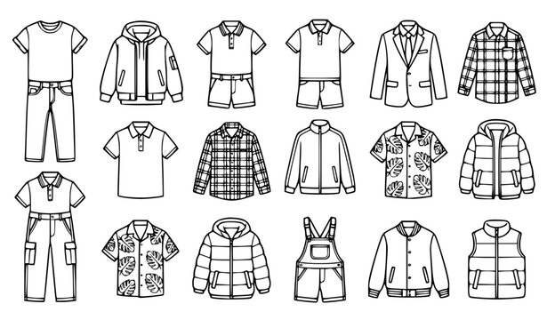 Boys fashion outfit vector icon set with simple bold line art modern clothing wardrobe denim jacket and male garments clip art black and white