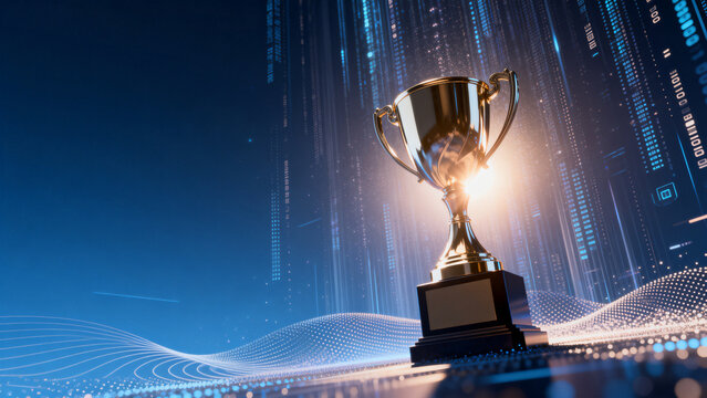 Golden trophy on digital background