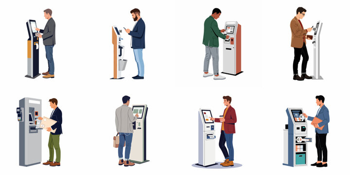 Flat vector illustrations of diverse men interacting with various self-service kiosks and digital payment terminals for banking, ticketing, and information services.