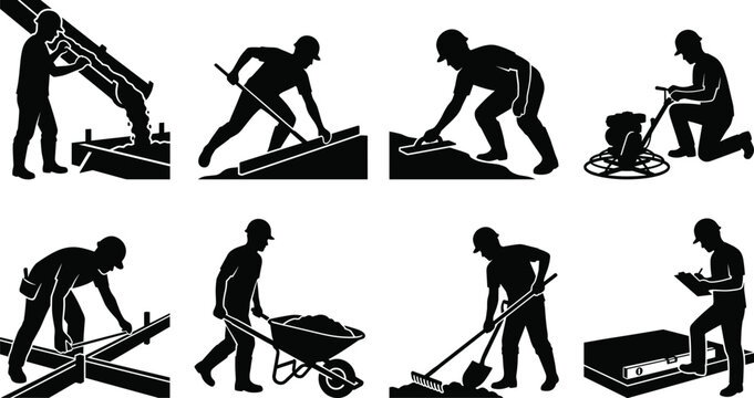 Concrete Construction Worker Silhouette Set with Finishing Pouring Leveling and Site Preparation Tasks