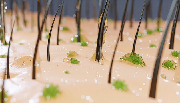 皮脂汚れや汗と菌が繁殖した頭皮の3DCGイラスト　顕微鏡イメージ