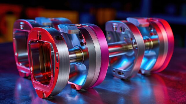 Polished Chrome Pistons and Connecting Rods in a Row, Reflecting Industrial Precision and Engineering Excellence