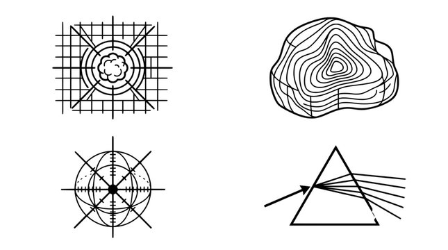 Physics and geography science vector icon set. Minimalist line art symbols for light prism refraction, topographic contour map, target grid coordinate, and spherical geometry.
