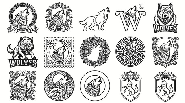 Collection of vintage style wolf emblem and logo designs.
