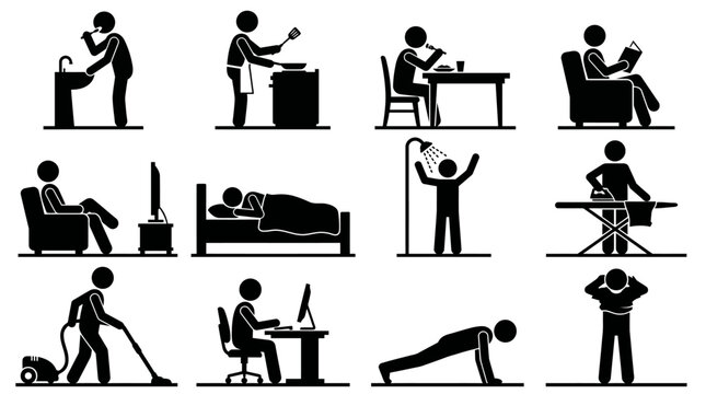Set of stick figure icons depicting various daily routine and household activities.