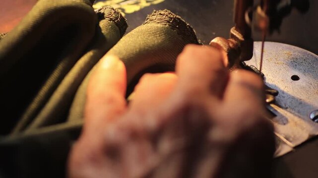 Close up video of senior hands guiding fabric under the moving needle of a vintage mechanical sewing machine
