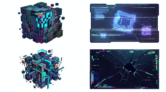 Futuristic digital technology cubes and glowing data interface screens.
