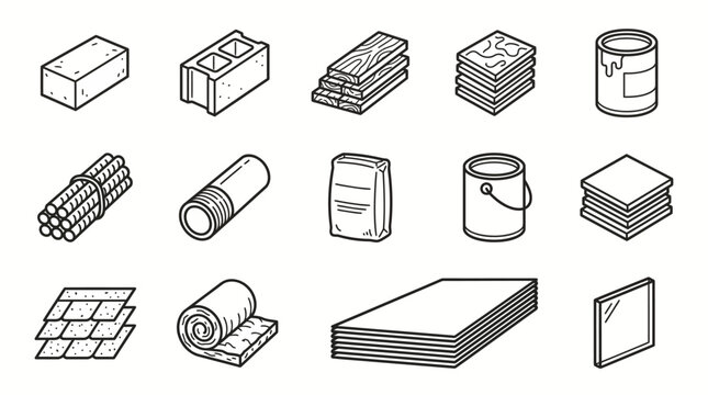 Set of construction materials and building supplies in isometric doodle style.