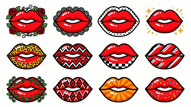 Set of decorative pop art lips collection with various patterns and designs.