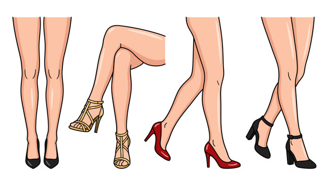 Set of female legs in various stylish high heel shoes.