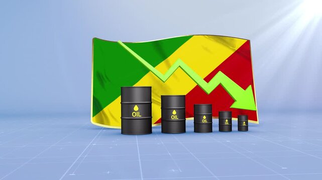 Congo Republic Oil Price Falling with Oil Barrels Downward Green Arrow and 3D Financial Data Visualization Graphs for Economy and Business Concept