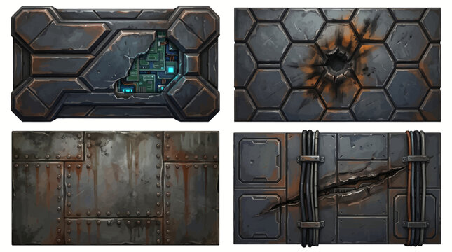 Set of four sci-fi metal wall textures with damage and futuristic elements.