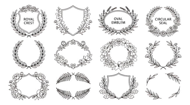 Vintage floral crest and laurel wreath collection, 12 elegant hand-drawn heraldic emblems, decorative botanical frames for wedding invitations and branding