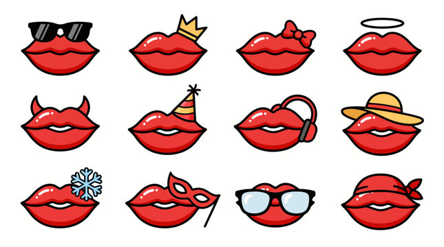 Set of colorful cartoon red lips with various accessories.