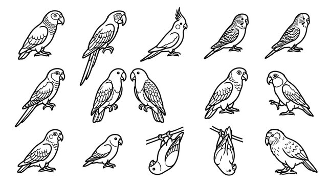 Set of hand drawn sketch parrot illustrations in various poses.