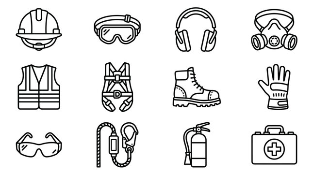 Set of line icons for personal protective equipment and safety gear.
