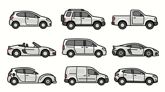 Set of nine diverse car body types in side view.