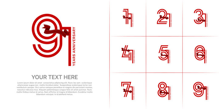 Anniversary logo type set with double line number. red color with ribbon can be use special moment