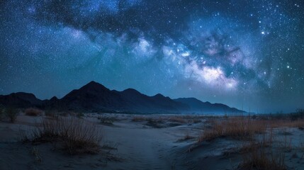 Fototapeta premium Vast desert landscape under a brilliant, star-filled cosmic vista