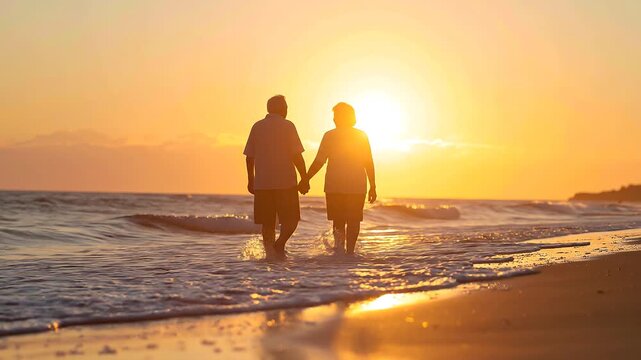Silhouette of an elderly couple holding hands while walking on the beach at sunset
