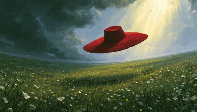 A vibrant red hat floats suspended in a sunlit meadow under dramatic clouds