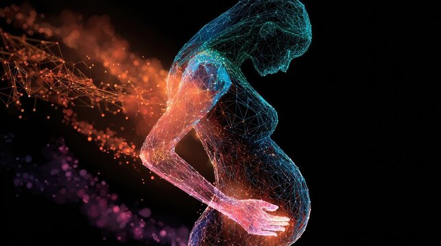 Digital visualization of a pregnant woman's ethereal form, glowing with energetic particles
