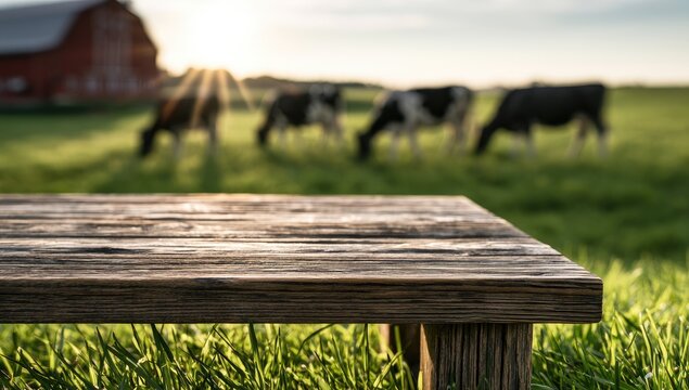 Wooden table foreground with cows grazing in a sunny rural field