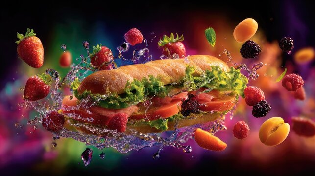 Fresh sandwich with fruit explosion against colorful abstract background