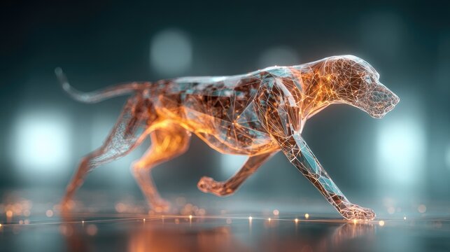 A glowing, ethereal dog made of light and energy walks forward