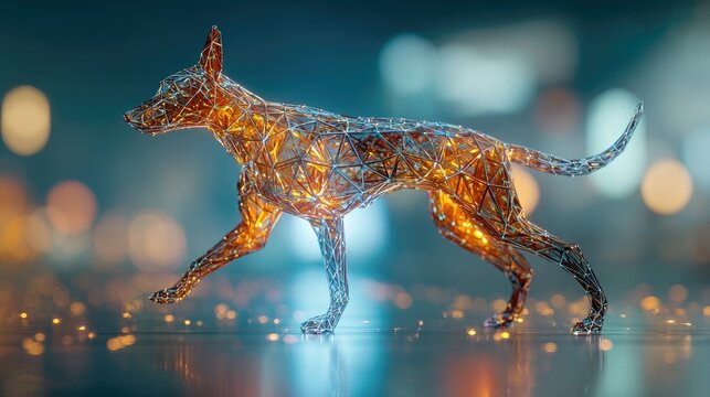 Glowing wireframe canine with futuristic orange and blue energy particles