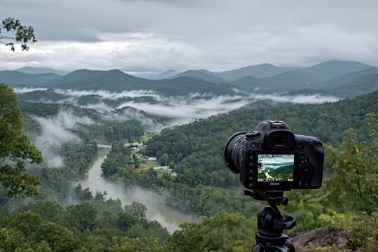 Camera on tripod captures misty valley and river scene from elevated view