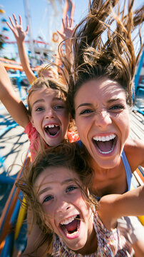  Action-Selfie einer begeisterten Mutter und ihrer Kinder mit wehenden Haaren, die vor Freude auf einer schnellen Achterbahn im Freizeitpark schreien.