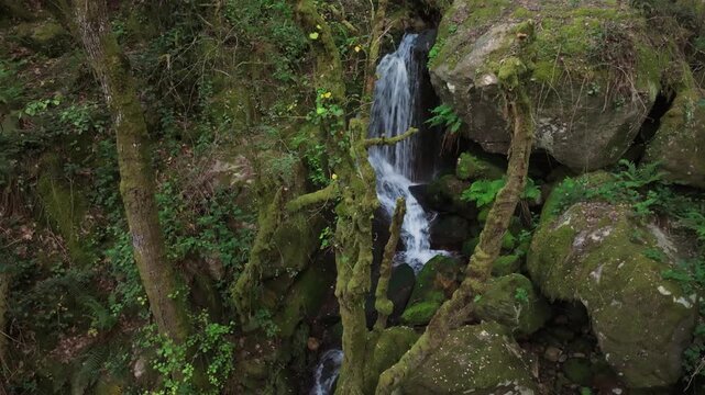 Cascada de Santo Estevo do Ermo Waterfall In Barreiros, Galicia, Spain. Tracking Shot
