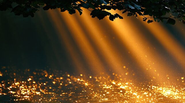 Golden sunbeams pierce through dark foliage onto shimmering, dappled water