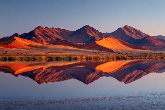 A serene desert landscape at sunset, with sand dunes and mountains reflecting in still water