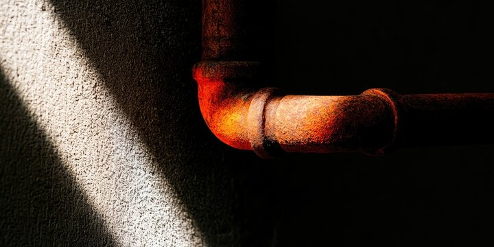 Rusty pipe bends sharply on a textured wall, illuminated by stark light