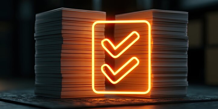 Glowing neon checklist symbol superimposed on stacked paper